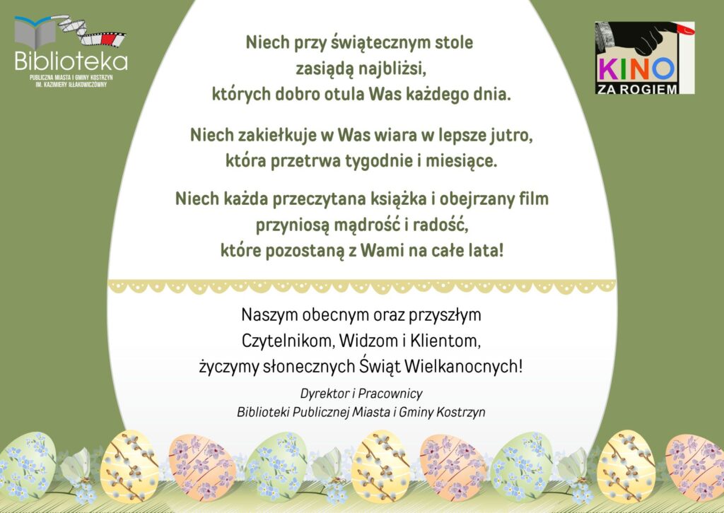 Biało-zielona grafika z życzeniami wielkanocnymi.