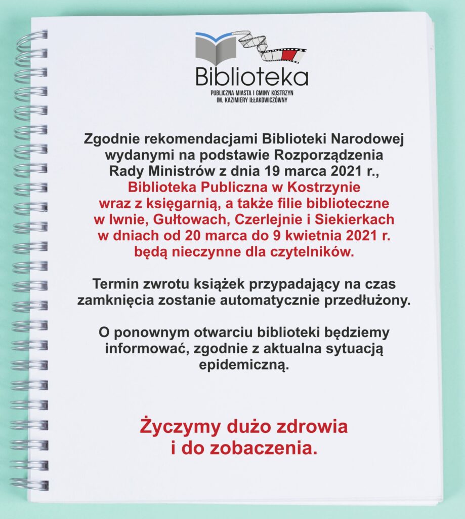 Kartka z notatnika z informacja, dotyczaca zamknięcia biblioteki z powodu koronawirusa od 20 marca dp 9 kwietnia