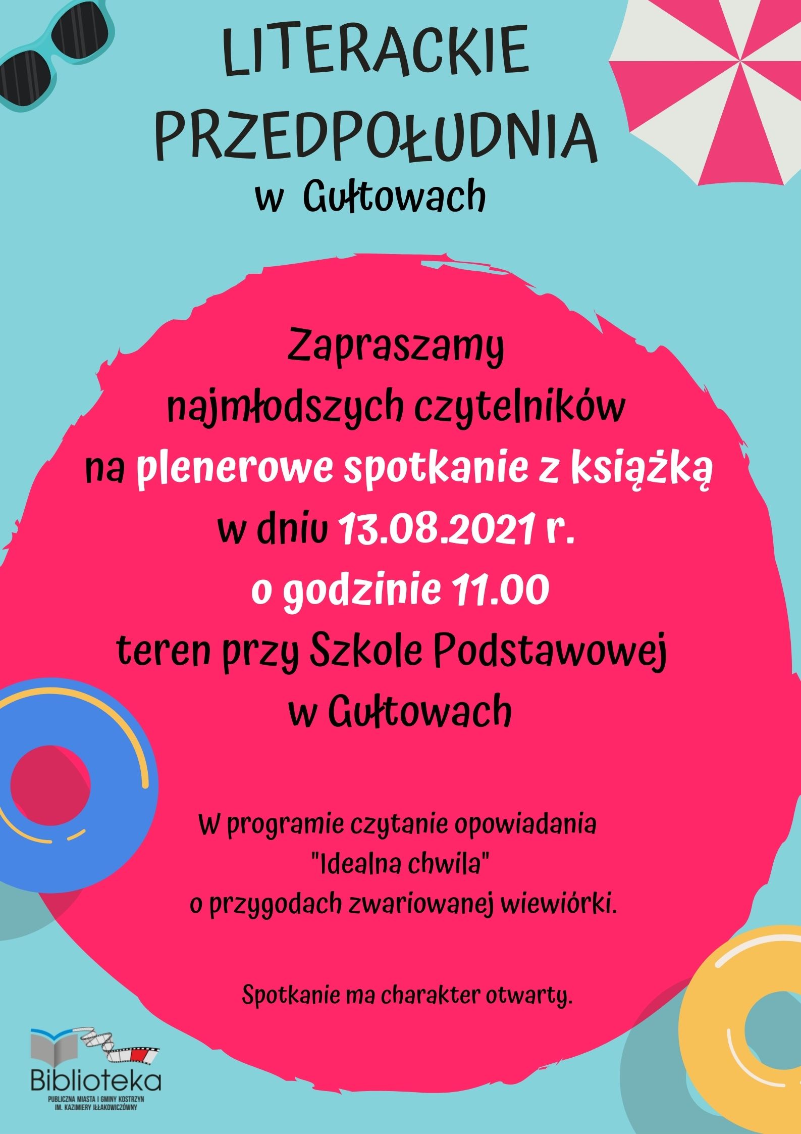 plakat informacyjny o spotkaniu plenerowym z książką dla dzieci w Gułtowach w piatek o godzinie 11