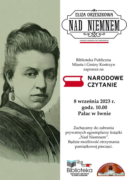 Plakat ze zdjęcie Elizy Orzeszkowej po lewej stronie, informujący o Narodowym Czytaniu w Iwnie 8.09.2023, o 10:00.