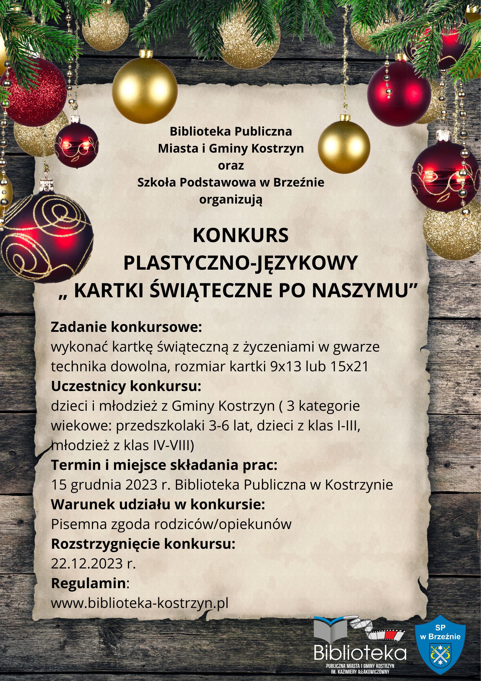 plakat na konkurs plastyczo-językowy Karta Świąteczna po naszymu - kartka pisana gwara poznańską