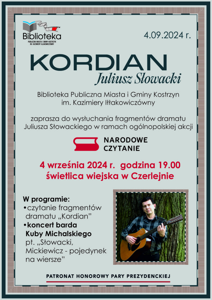 plakat Narodowe czytanie z napisem Kordian Juliusza Słowackiego