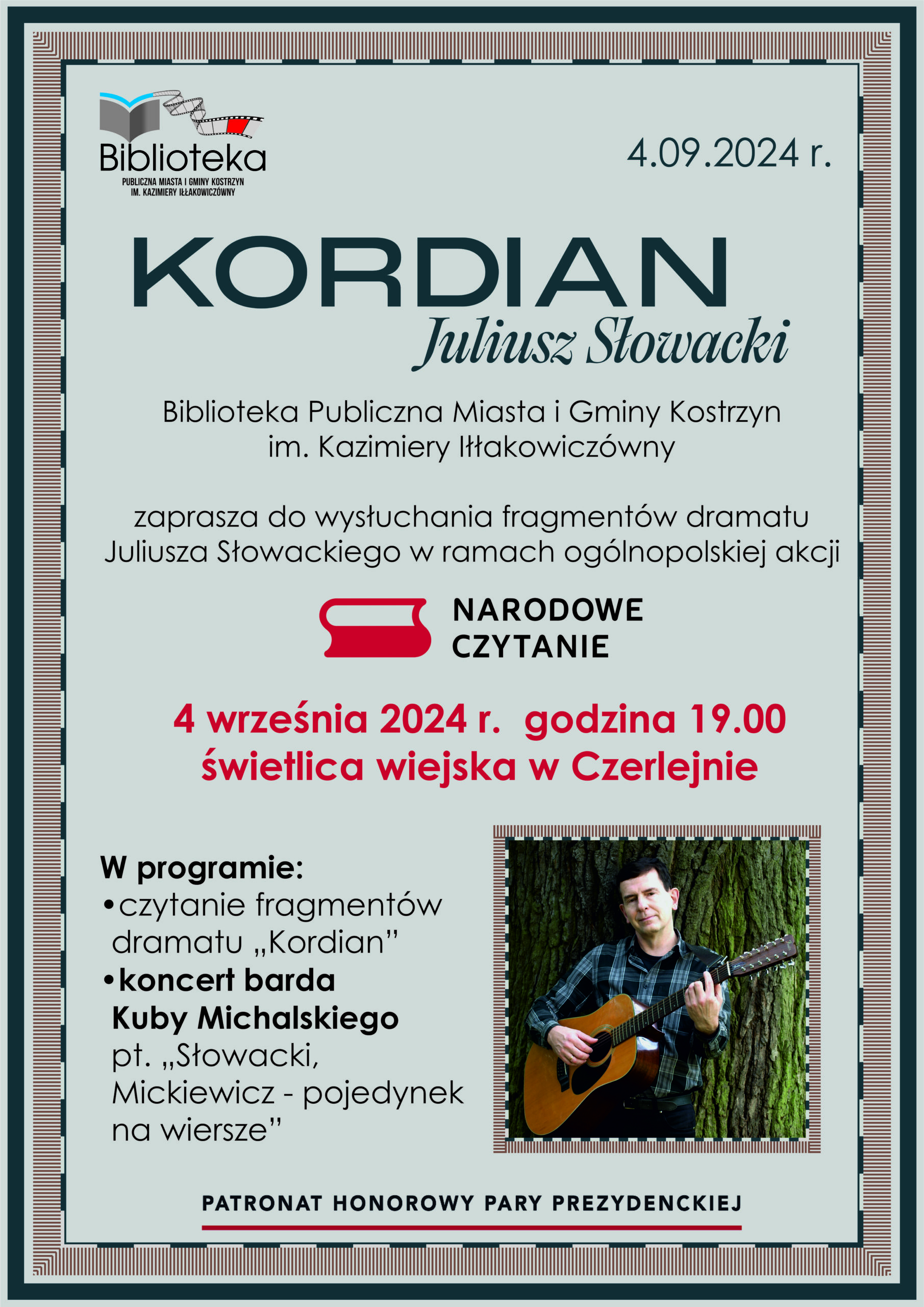 plakat Narodowe czytanie z napisem Kordian Juliusza Słowackiego