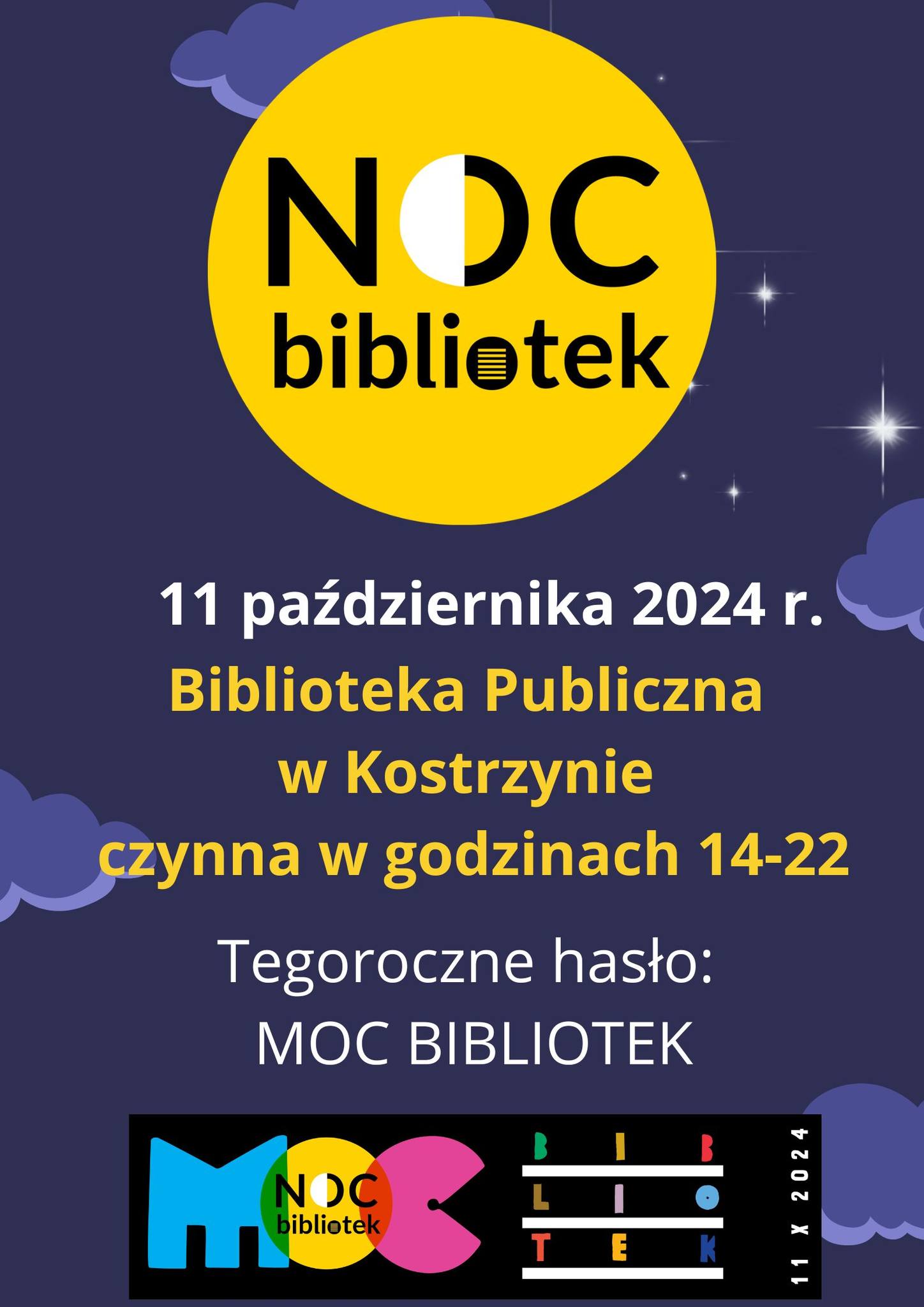 Plakat w tonacji granatowo-żółtej informujący o nocy bibliotek.