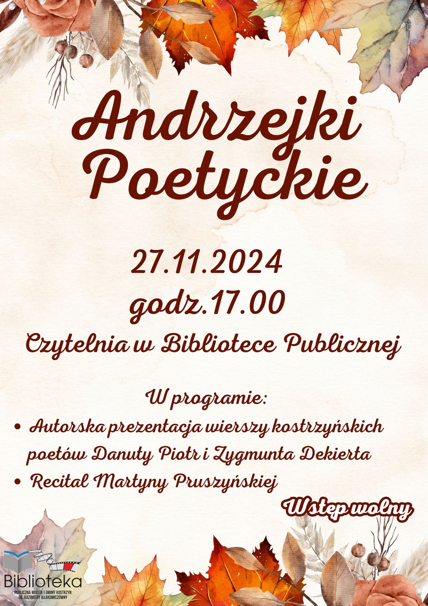 Plakat informujący o Andrzejkach Poetyckich w bibliotece.