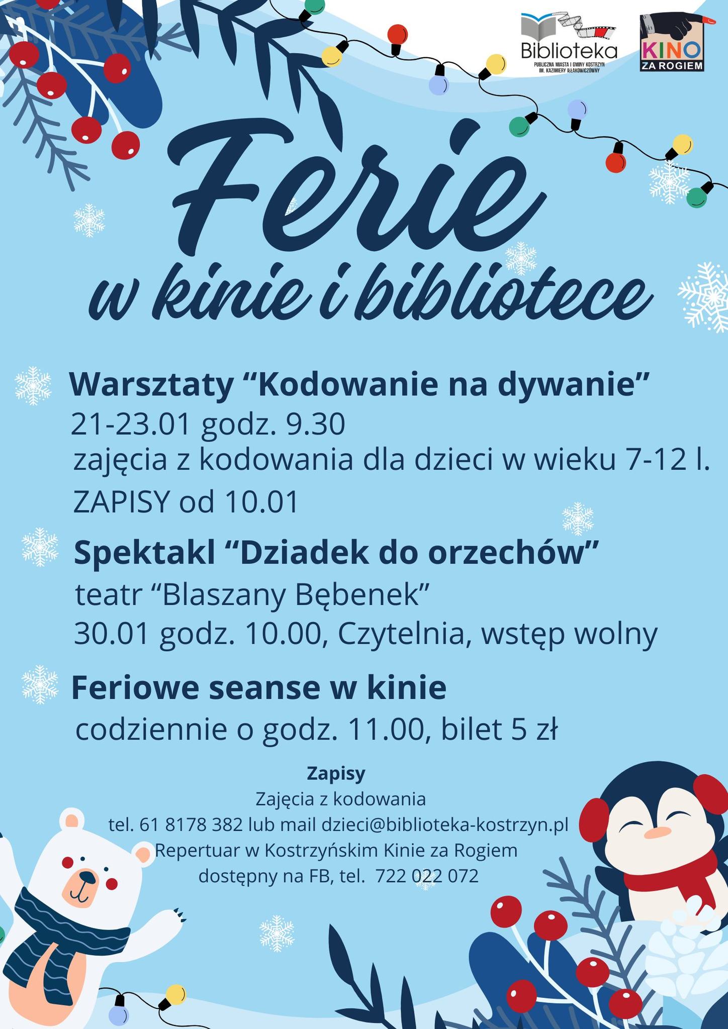 Niebieski plakat informujący o programie biblioteki na ferie.