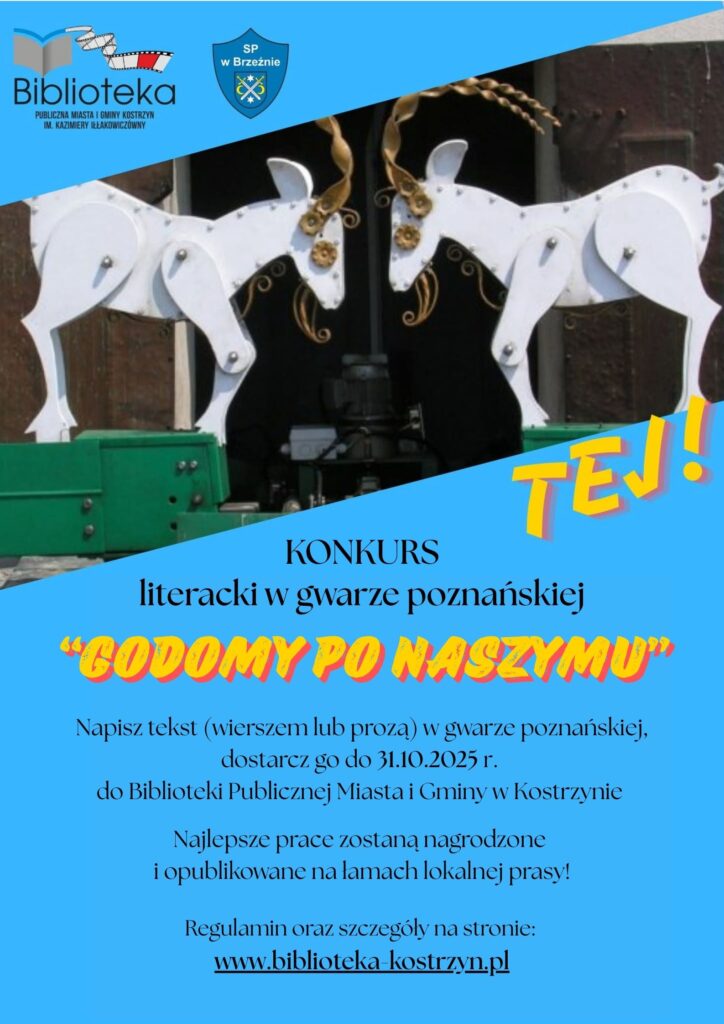 Błękitno-żółty plakat informuje o konkursie literackim gwary poznańskiej.