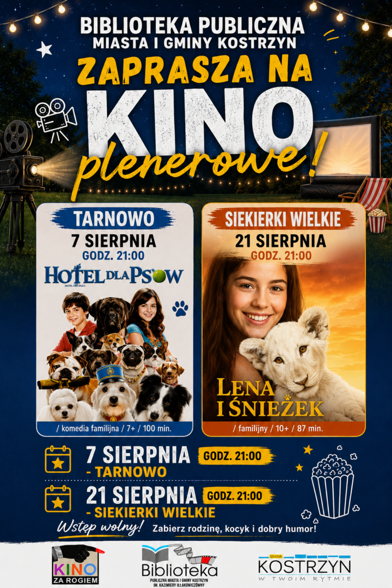 Plakat informujący o kinie plenerowym 7 oraz 21 sierpnia 2026 roku.